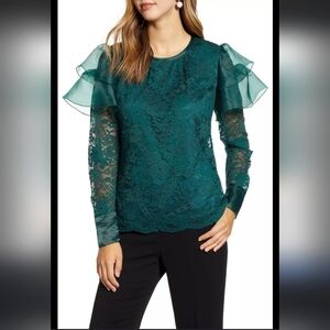 RACHEL PARCELL Lace Flutter Sleeve Top Green Long Sleeve Blouse Size XXS